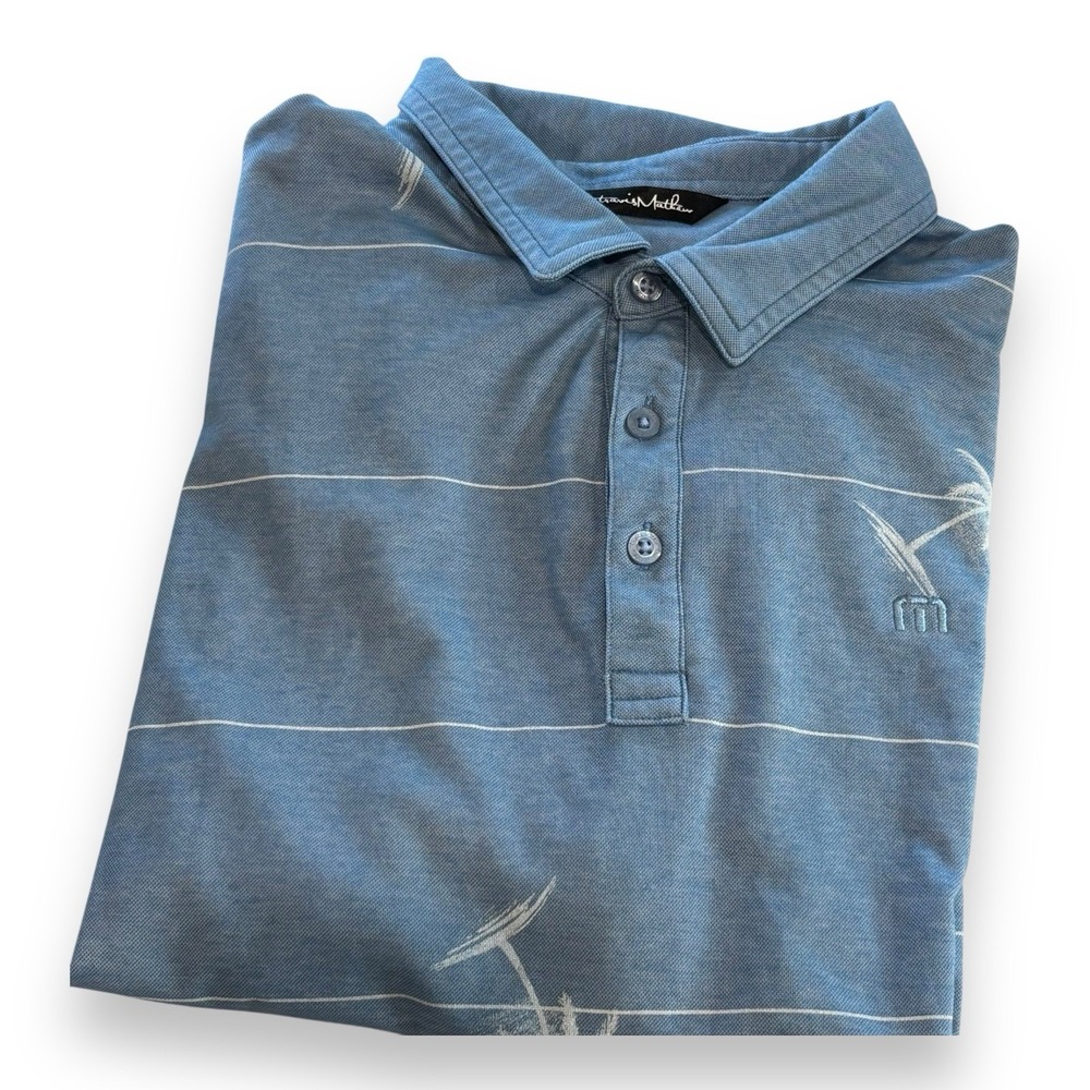 Travis Mathew Polo Shirt Mens L Blue Palm Trees Stretch Lightweight Preppy Golf